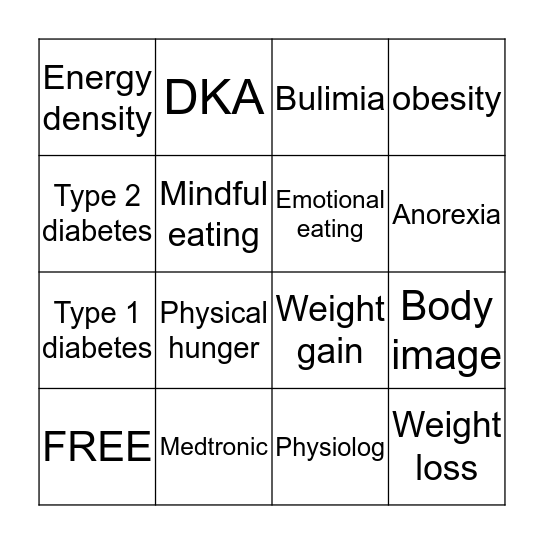 Weight Management  Bingo Card