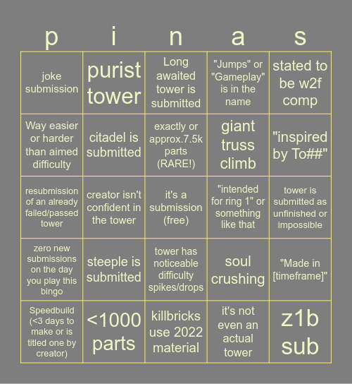 TOWER SUBMISSION BINGO (one day only) Bingo Card