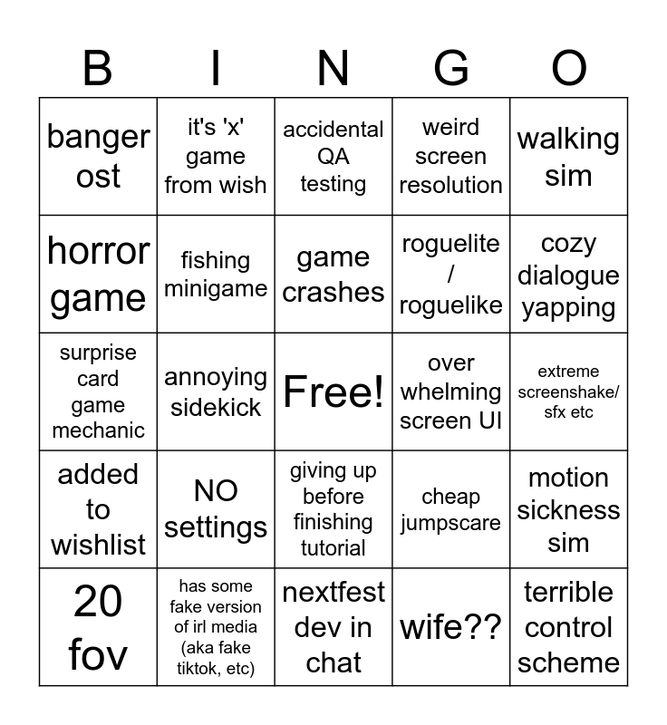 NextFest Demo bingo!! Bingo Card