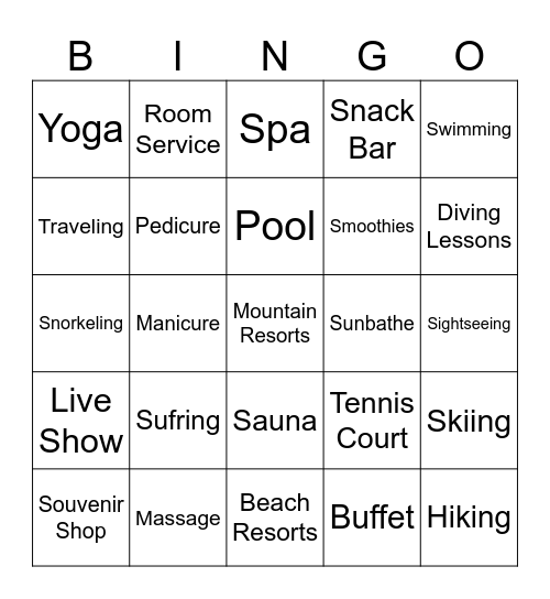 All Inclusive Resort Bingo Card