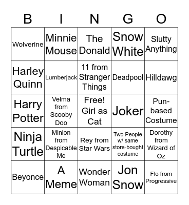 Costume Bingo Card