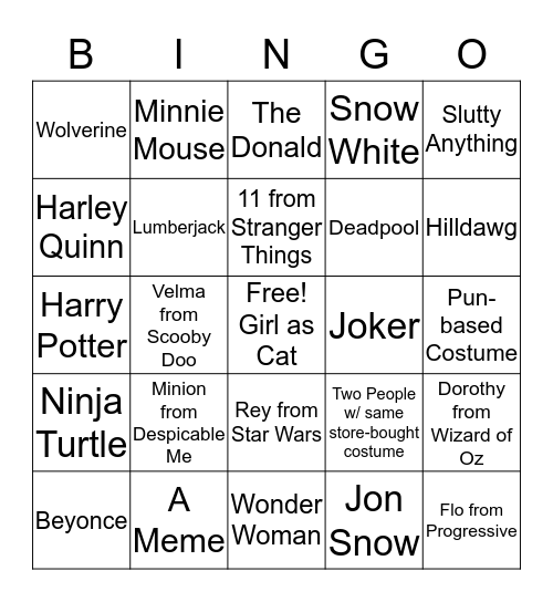 Costume Bingo Card