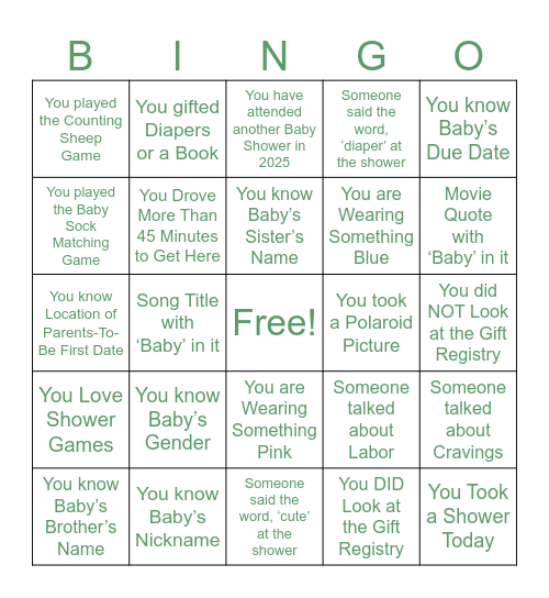 Baby Shower Trivia & Bingo Card