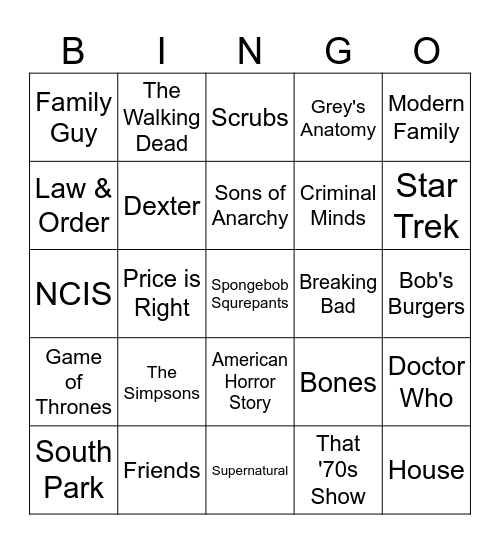 TV Shows Bingo Card