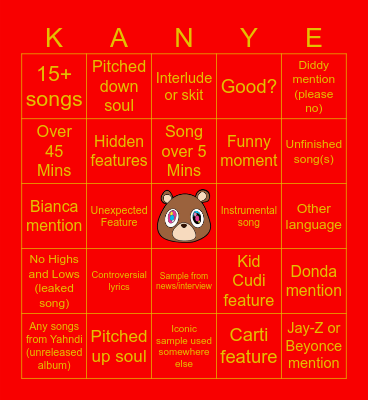 Kanye Bingo Card