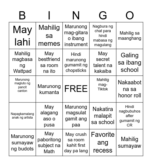 Kilalanin mo ang classmate mo sa Tungsten! Bingo Card