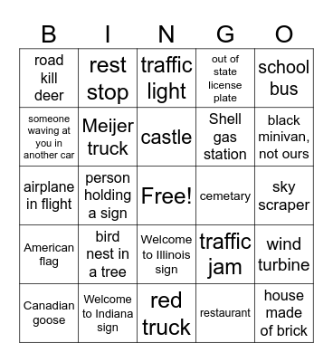 Road Trip Bingo Card