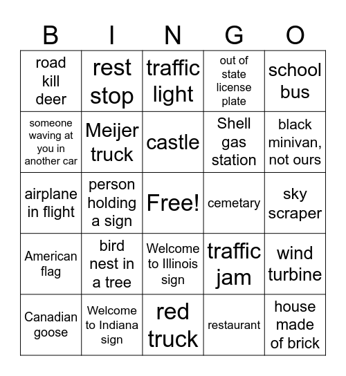 Road Trip Bingo Card