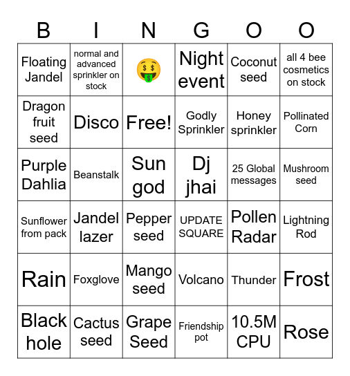 Grow a Garden bingo Card