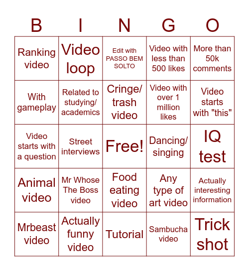 Youtube shorts bingo Card