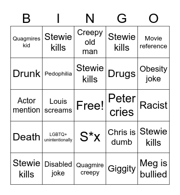 Family guy bingo Card