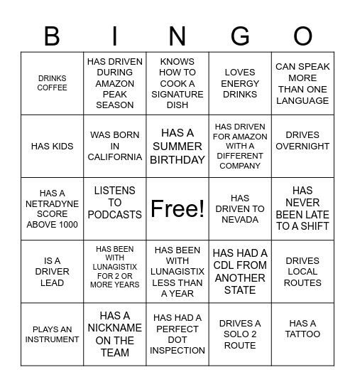 LUNAGISTIX DRIVER BINGO Card