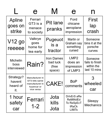 24 Hours of Cars In France Bingo Card