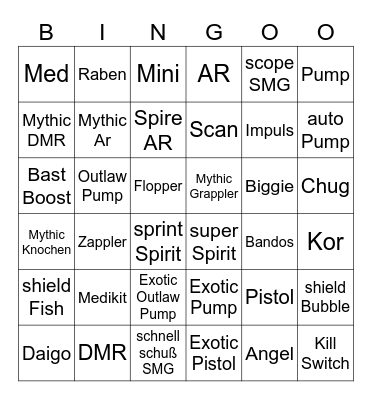 Fortnite all Items Bingo Card