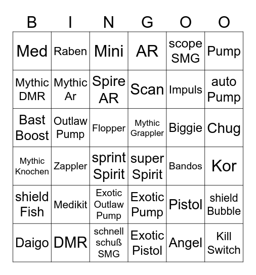 Fortnite all Items Bingo Card