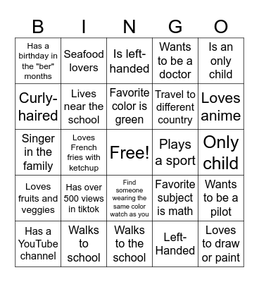 Getting to know you! Bingo Card