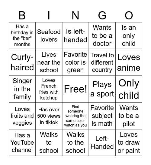 Getting to know you! Bingo Card