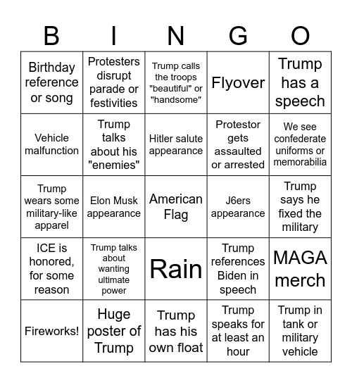 Totally-Not-A-Trump-Military-Parade BINGO Card