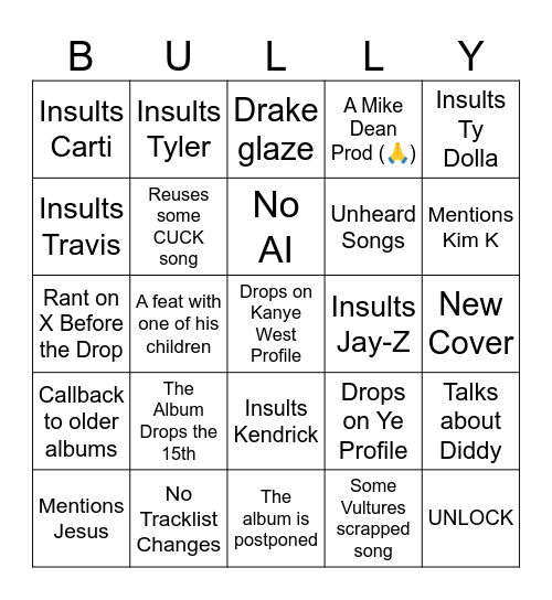 Bully Official Bingo Card