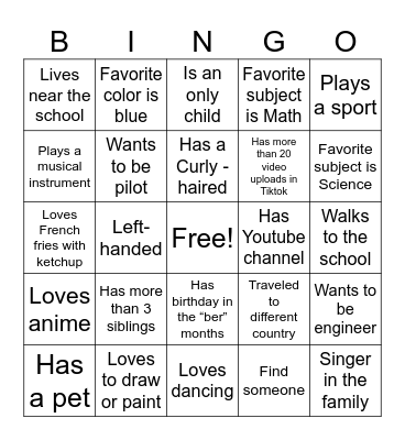 GETTING TO KNOW YOU, Bingo Card