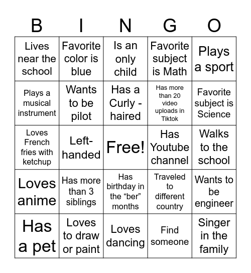 GETTING TO KNOW YOU, Bingo Card