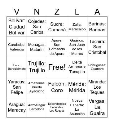 Venezuela Bingo Card