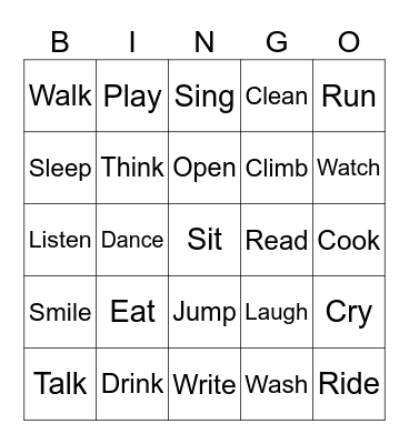 action verbs Bingo Card