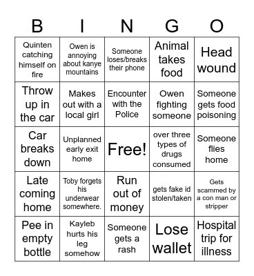 Boys Road Trip Bingo Card