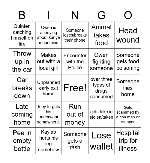 Boys Road Trip Bingo Card