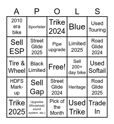 Apol's Sales Bingo Card