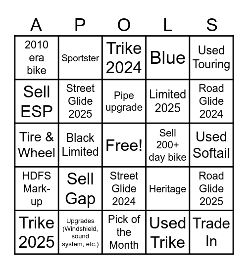 Apol's Sales Bingo Card