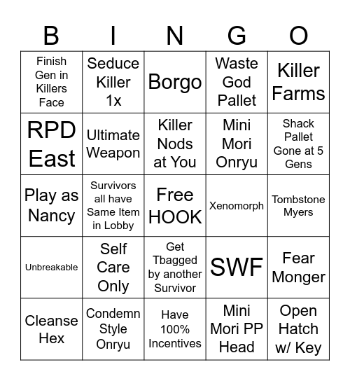 SURVIVOR DBD Bingo Card