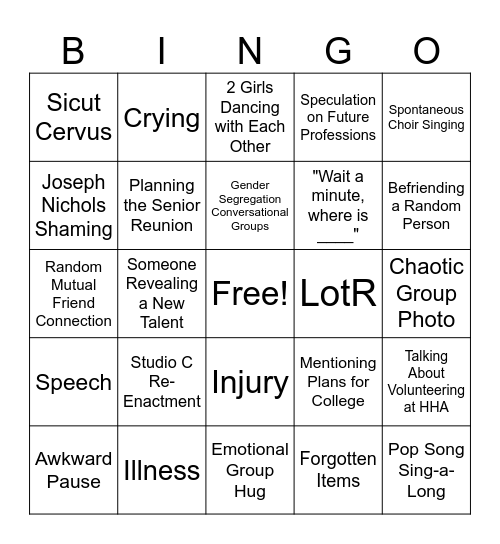 Senior Trip Bingo Card