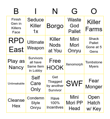 SURVIVOR DBD Bingo Card