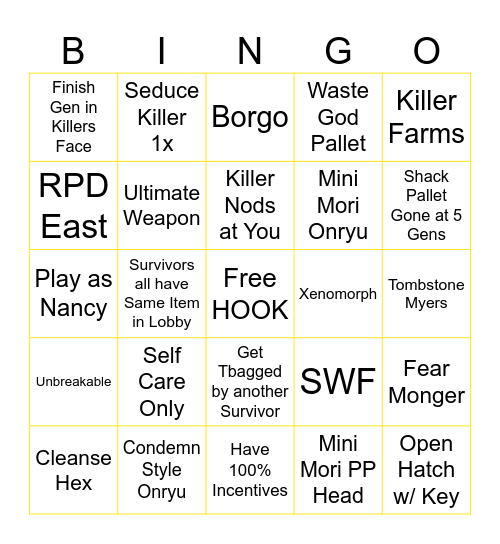 SURVIVOR DBD Bingo Card
