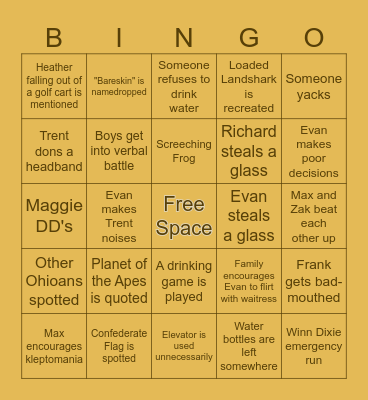 Vacation Bingo Card