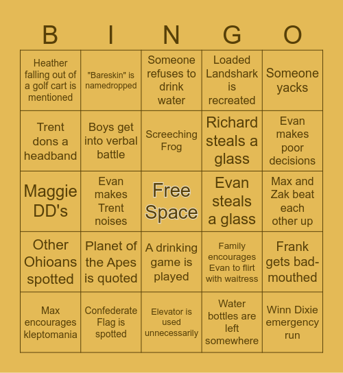 Vacation Bingo Card