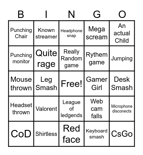 Gamer Rage Bingo Card