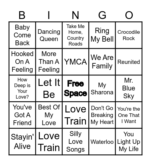 70's Music Bingo Card