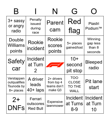 F1 Bingo - Canada 2025 Bingo Card