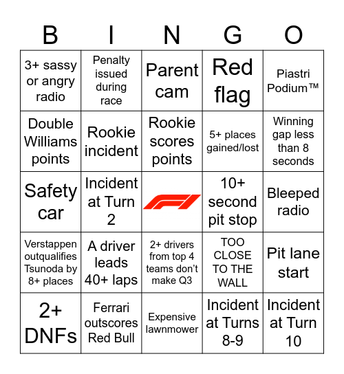 F1 Bingo - Canada 2025 Bingo Card