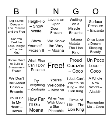 Disney Bingo Card