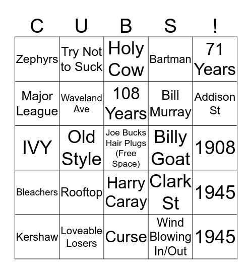 CUBS! Bingo Card