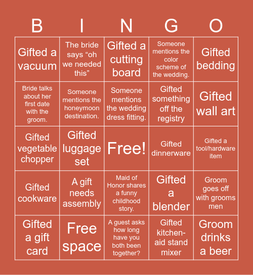 Bridal Shower Bingo Card