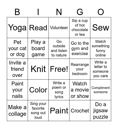 Coping Skills Bingo Card