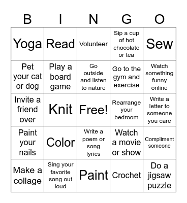 Coping Skills Bingo Card