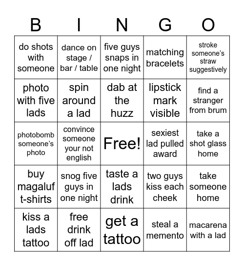 shagaluf 25 Bingo Card