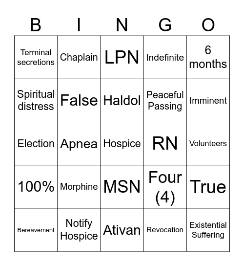 Hospice Bingo Card