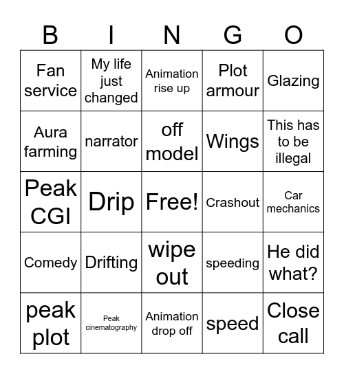 Initial D Bingo Card