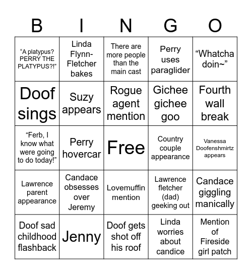 Phineas and Ferb episode bingo Card